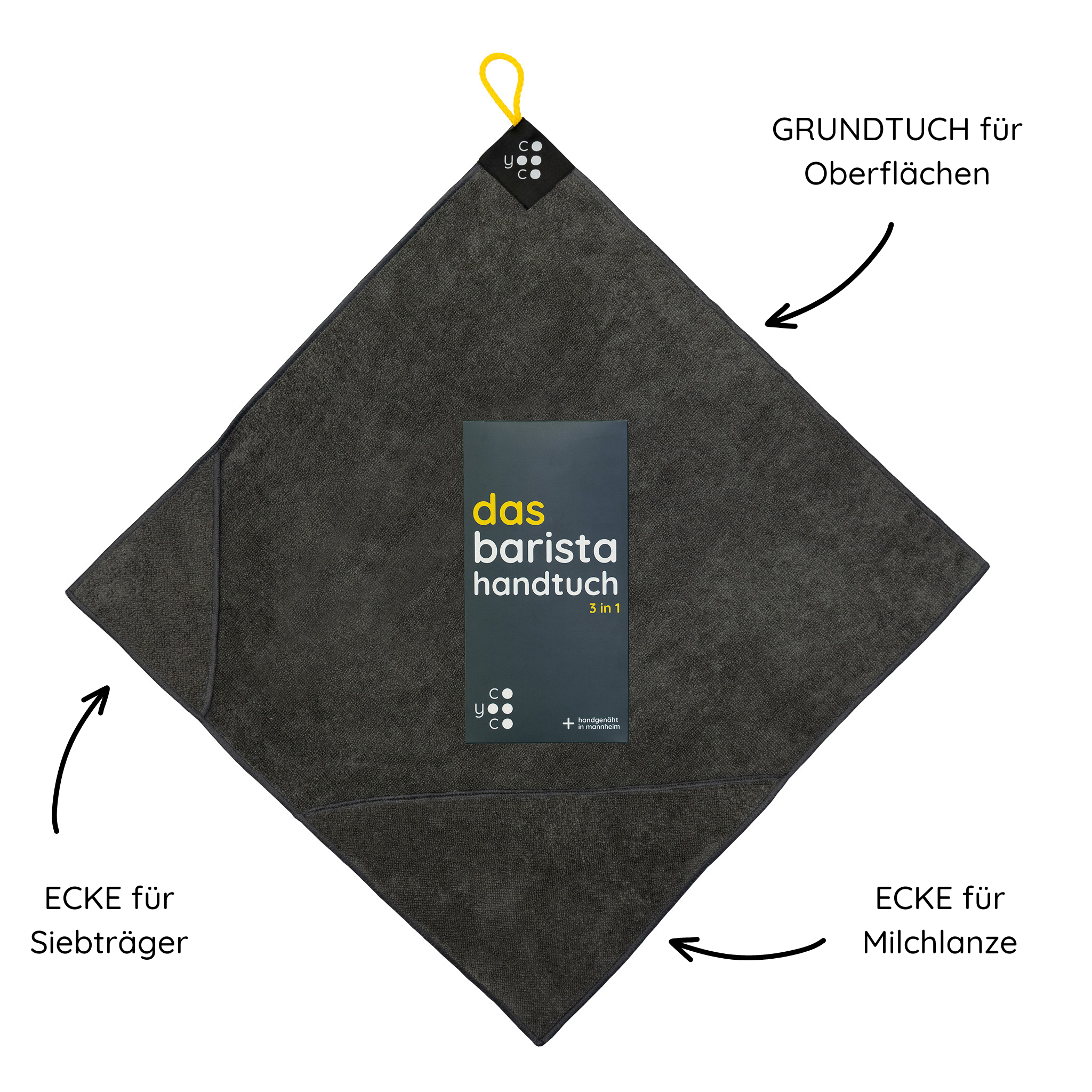 Das Barista Tuch mit einer Ecke für den Siebträger, eine für die Milchlanze und dem Grundtuch.