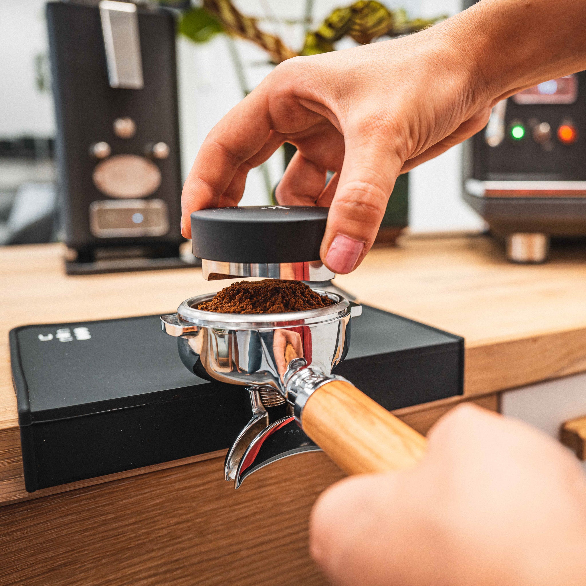 Der Leveler wird auf das Kaffeemehl im Siebträger gesetzt.