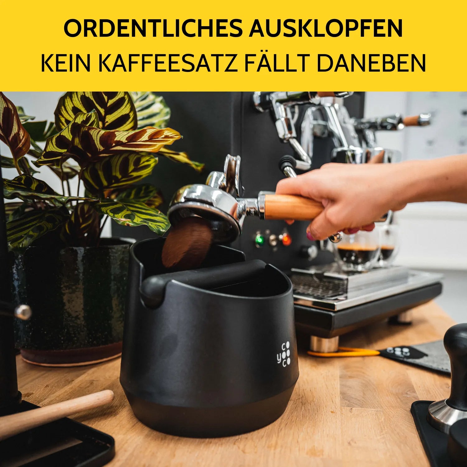 Kaffeepuck fällt aus dem Siebträger in Abklopfbehälter.