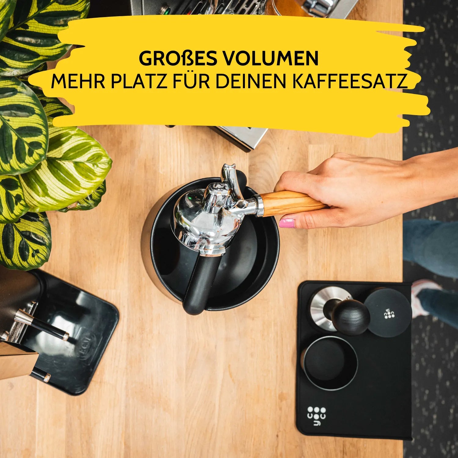 Kaffeepuck fällt aus dem Siebträger in Abklopfbehälter.