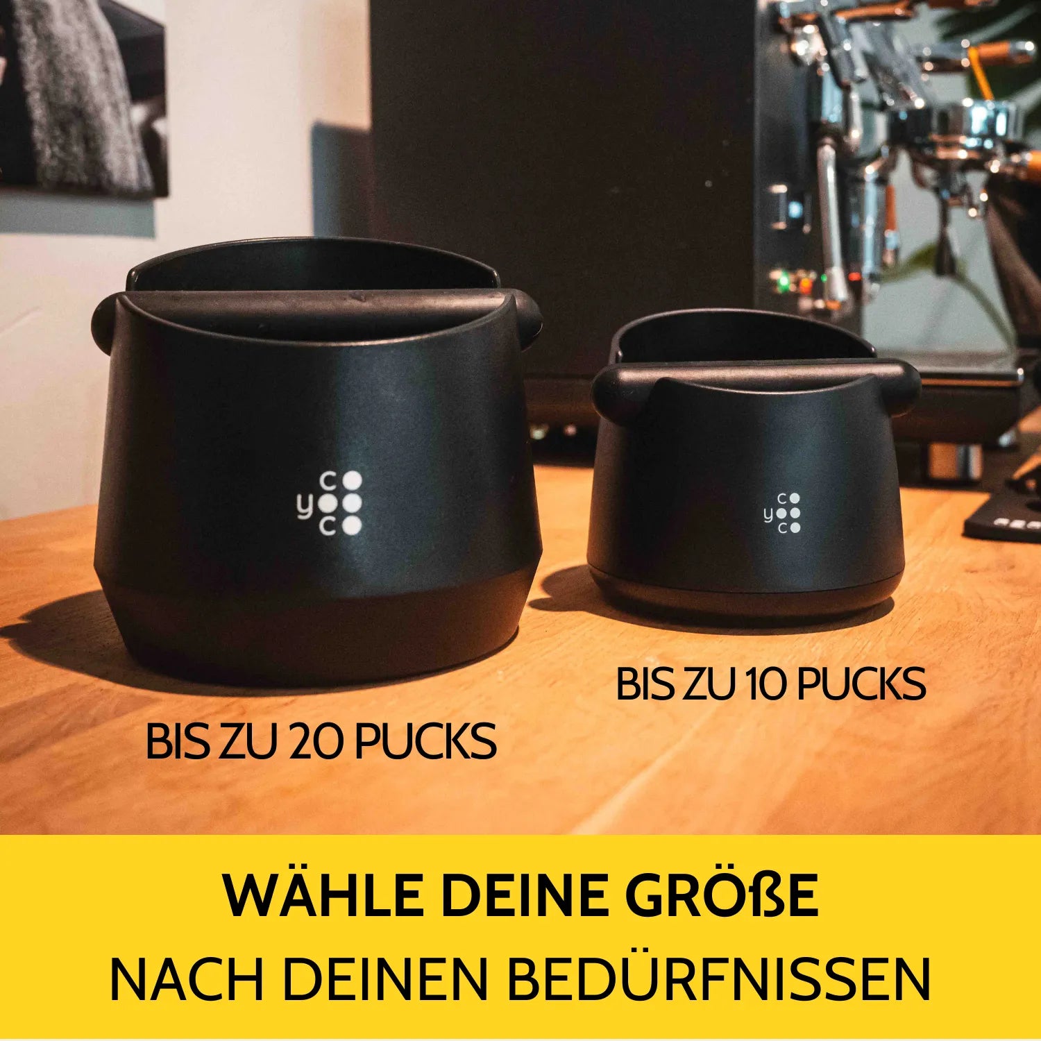 Abklopfbehälter in zwei Größen nebeneinander.