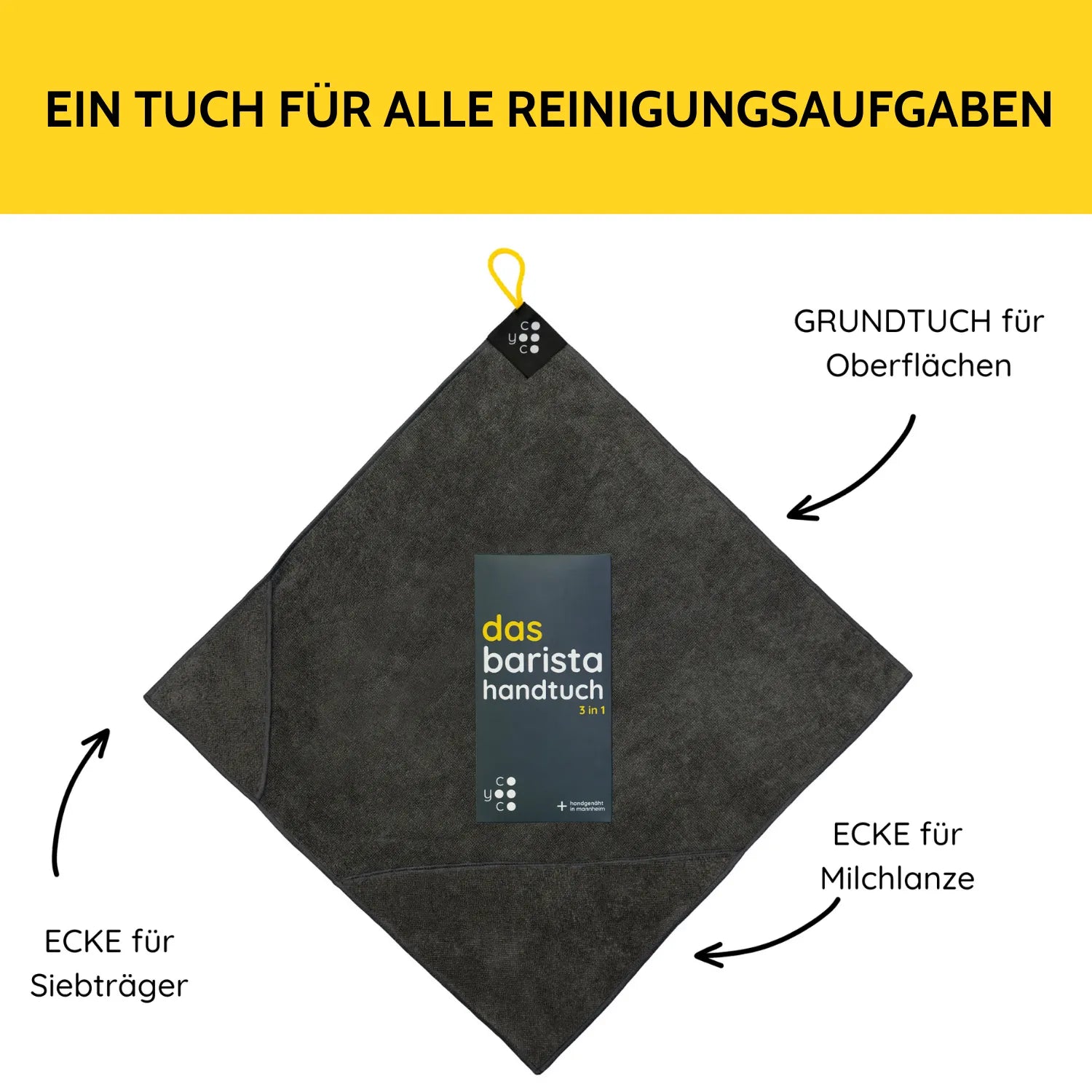 Das Barista Tuch mit einer Ecke für den Siebträger, eine für die Milchlanze und dem Grundtuch.