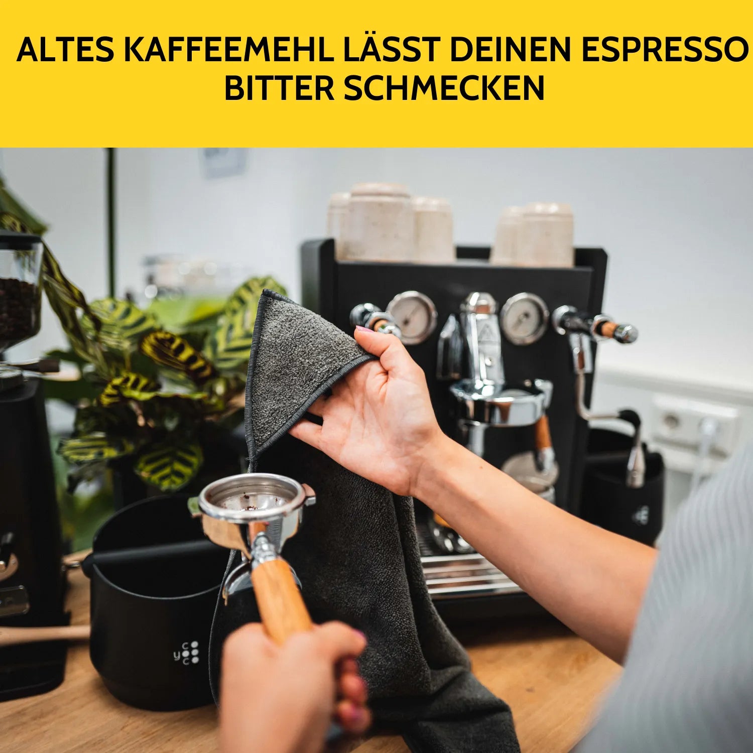 Altes Kaffeemehl wird aus dem Siebträger mit dem Barista-Tuch entfernt.