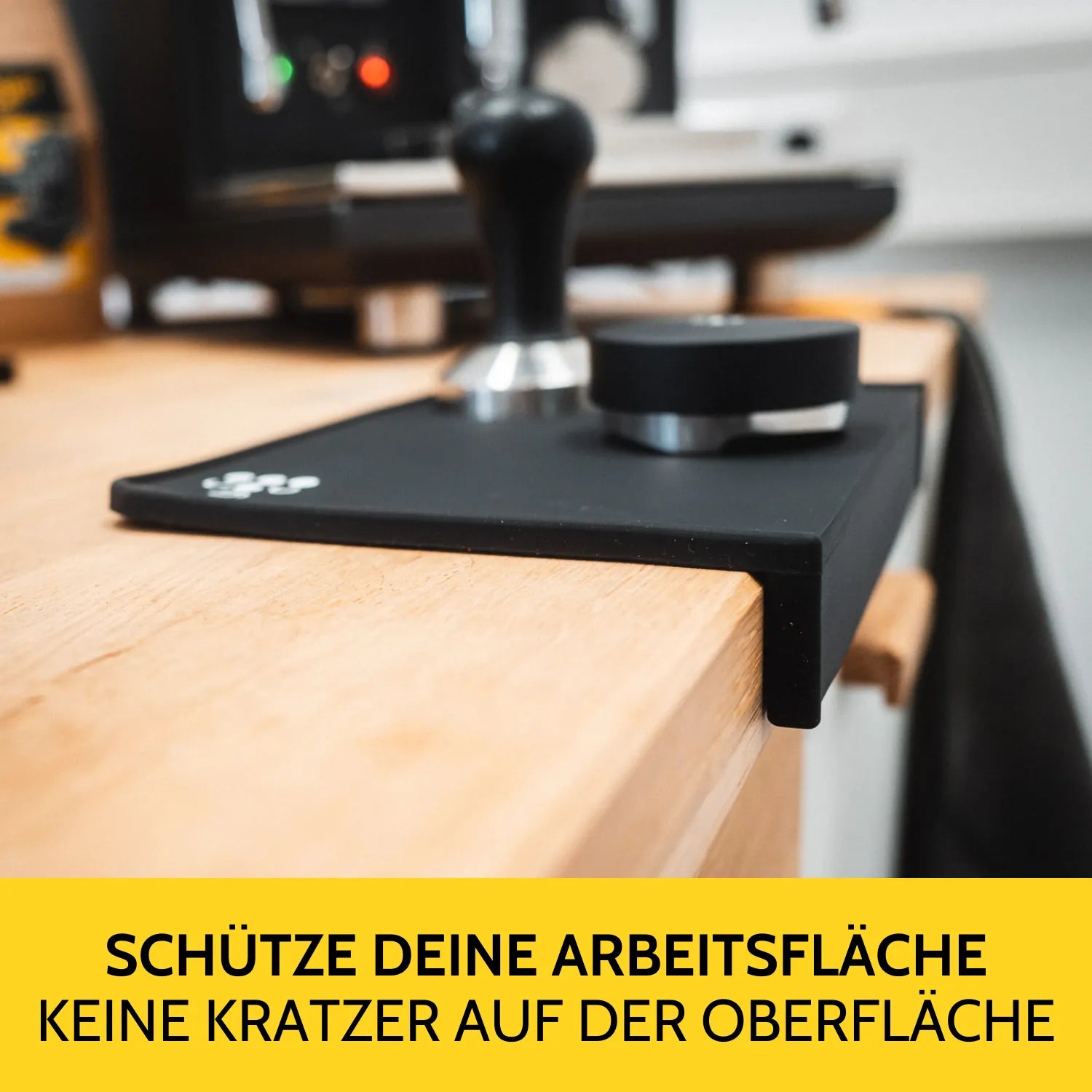 Tampermatte mit Kantenschutz in der Barista-Ecke. 