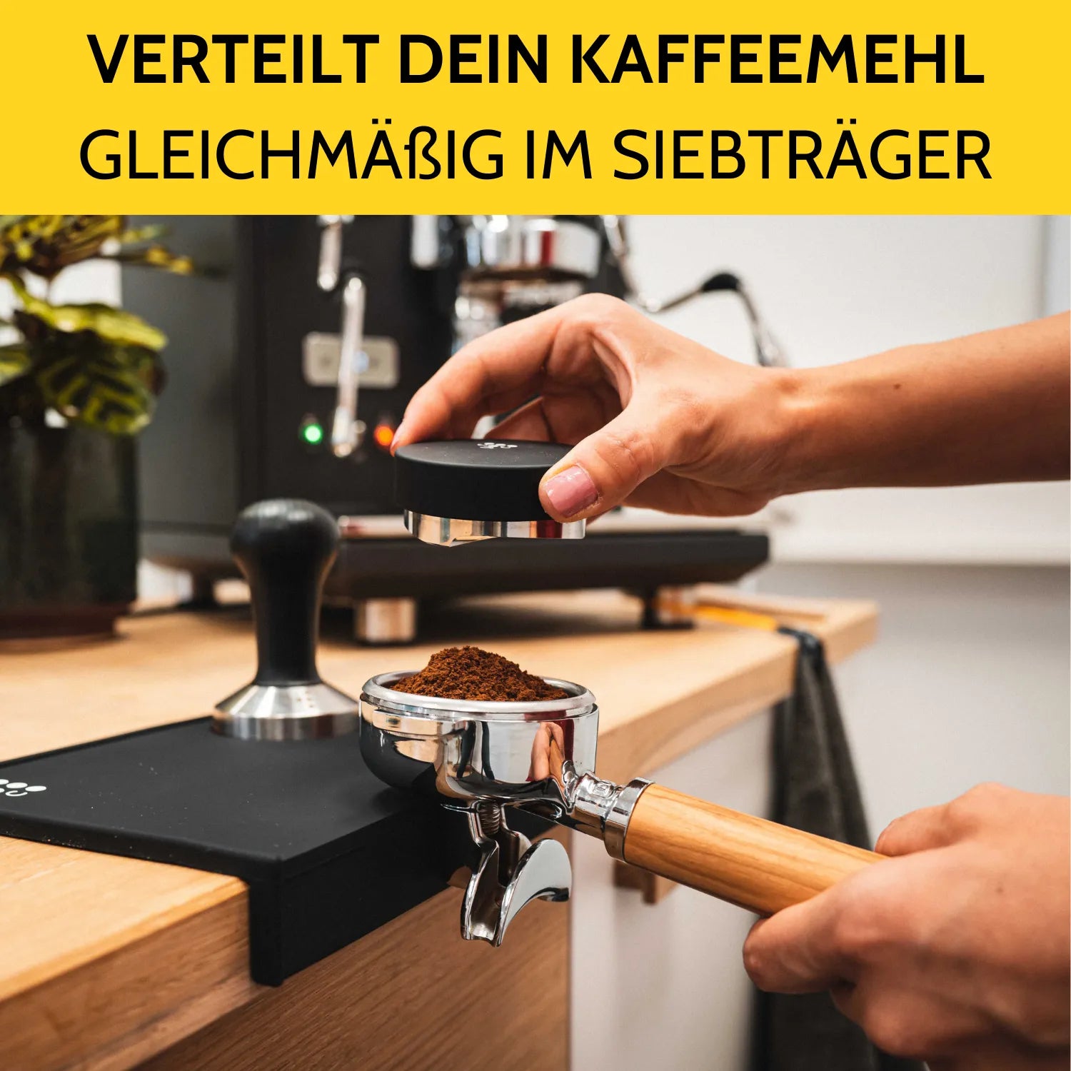 Der Leveler wird auf das Kaffeemehl gesetzt.