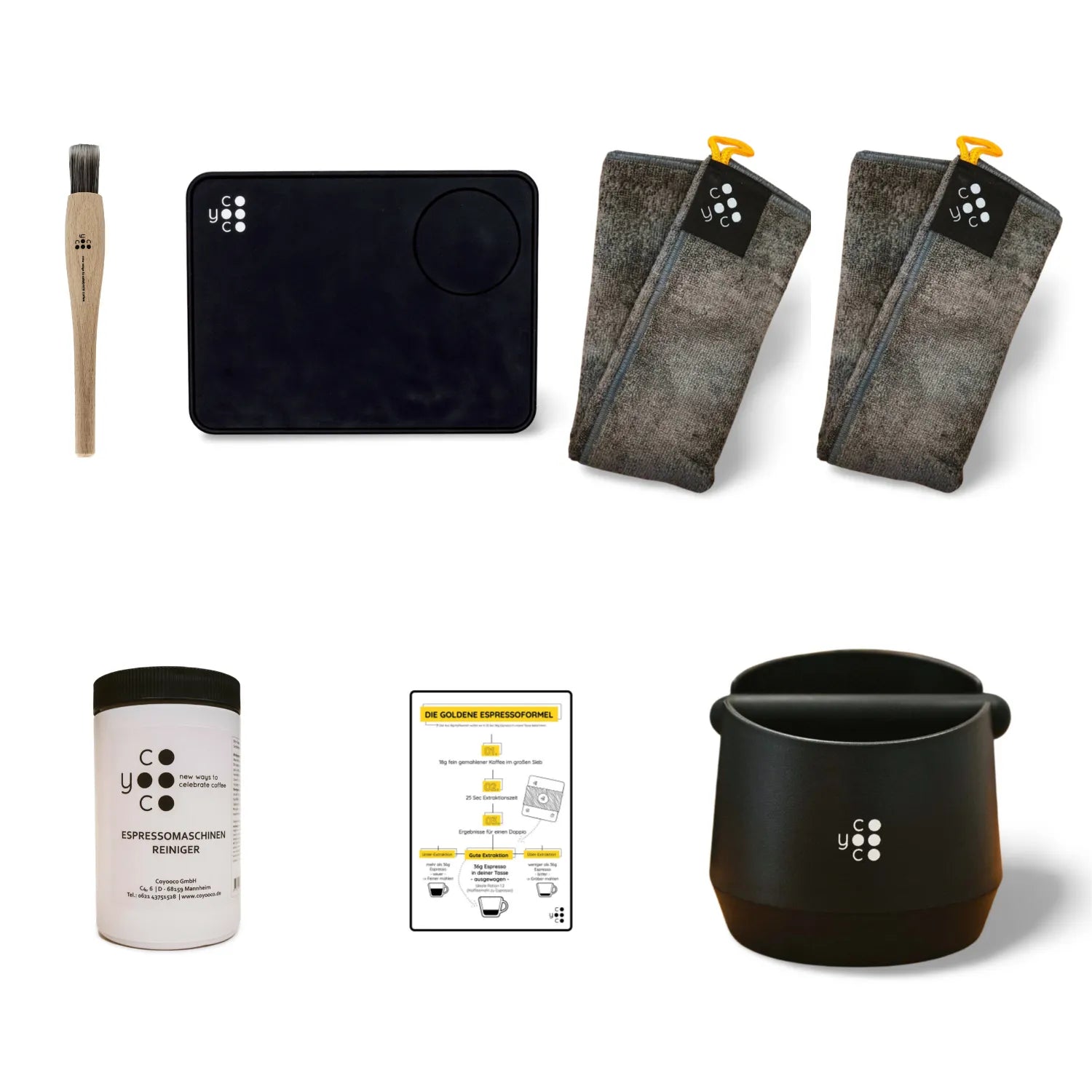 Bundle mit Barista-Pinsel, Tampermatte, zwei Barista-Tüchern, Espressoreiniger und Abklopfbehälter sind abgebildet.